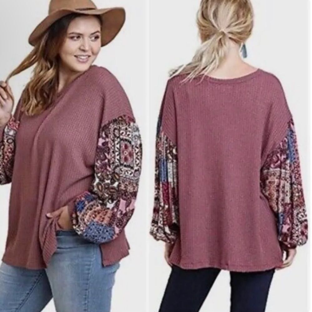 Umgee Mauve Waffle Knit Printed Bubble Sleeve top size Large GUC
